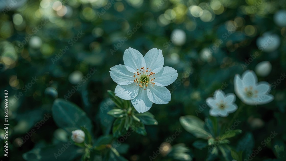 Fototapeta premium A single white flower on a green leafy background, with other flowers blurred in the distance.