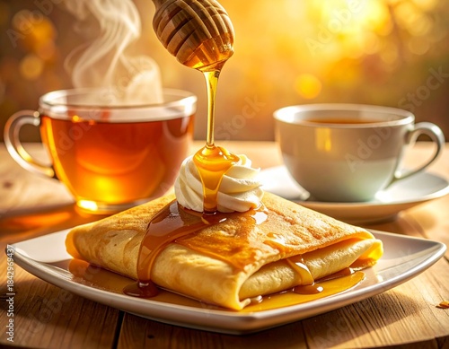 Dessert traditionnel ed la Chandeleur avec crêpe au miel et à la. crème chantilly, servie avec une tasse de thé. Generated Image. 
