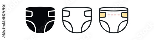 diaper icons three folded diaper icons one flat solid monochrome one thin black outline black and white one full color flat icon white with tiny pastel detail