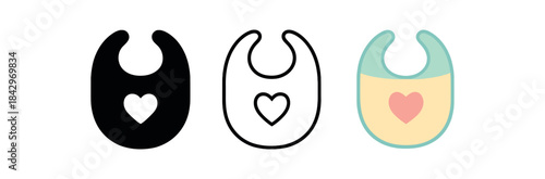 baby bib icons three bib icons with small heart shape one flat solid monochrome one thin black outline black and white one full color flat icon pastel and mint
