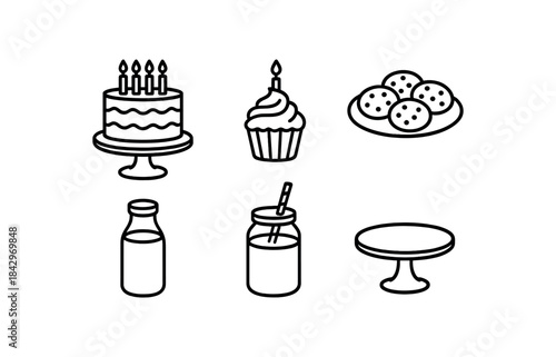 six kids birthday table elements layered cake with candles cupcake cookie plate milk bottle straw jar cake stand bold black outlines minimal detail clean white background flat vector