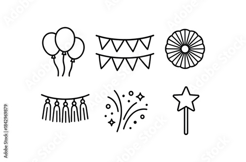 six party decorations balloons bunting flags paper fan tassel garland confetti burst wand bold black outlines minimal detail clean white background flat vector illustration no color