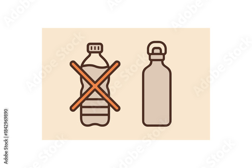 Flat vector illustration of plastic bottle crossed next to metal bottle choice soft rounded shapes clean outline recycling upcycling cozy eco style