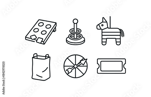 six party games bean bag toss board ring toss peg piñata hopping sack spinner arrow prize ticket blank bold black outlines minimal detail clean white background flat vector illustration no