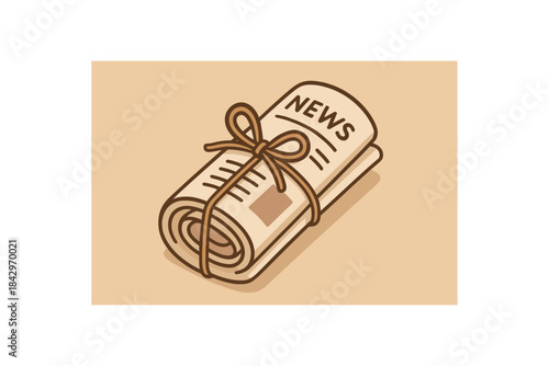 Flat vector illustration of newspaper rolled into eco gift wrap with twine bow soft rounded shapes clean outline recycling upcycling cozy eco style