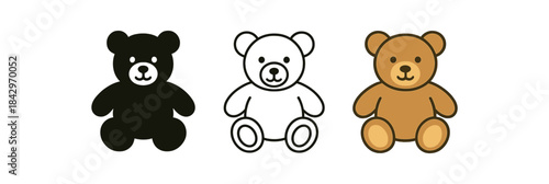 teddy bear icons three teddy bear icons one flat solid monochrome one thin black outline black and white one full color flat icon warm brown