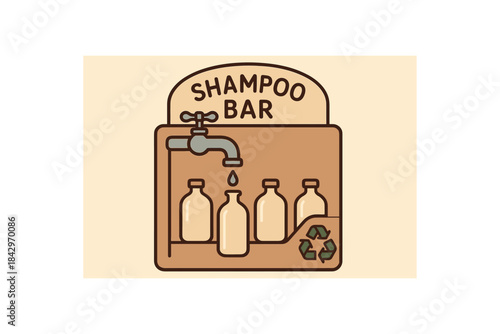 Flat vector illustration of shampoo bar refill station with glass bottles under tap soft rounded forms clean outline recycling upcycling cozy eco style