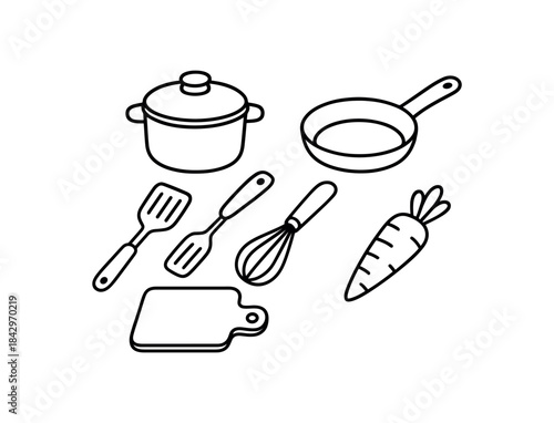 six pretend play kitchen items pot with lid pan spatula whisk cutting board play carrot bold black outlines minimal detail clean white background flat vector illustration no color