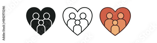 family heart icons three parent and child silhouettes inside heart icons one flat solid monochrome one thin black outline black and white one full color flat icon warm skin tones and red
