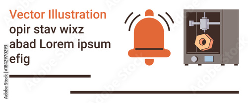 Technology innovation, alert systems, automation, 3D manufacturing, industrial design, digital fabrication. Image shows a bell icon alerts beside a 3D printer. Technology innovation and alert systems