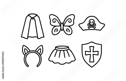 six dressup costumes cape fairy wings pirate hat animal ears headband tutu knight shield simple bold black outlines minimal detail clean white background flat vector illustration no color