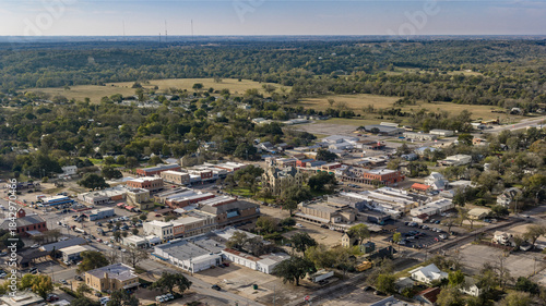 Photography La Grange, Texas, USA - December 2, 2025   Aerial view of West Travis Street, La Grange on an overcast fall afternoon