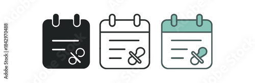baby calendar icons three calendar page with tiny pacifier corner symbol icons one flat solid monochrome one thin black outline black and white one full color flat icon white and mint