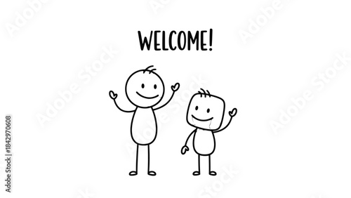 Two simple stick figures waving hello with the word WELCOME written above them.