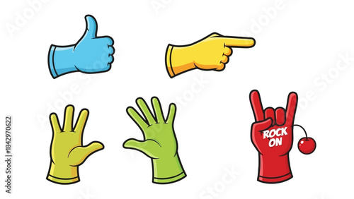 A collection of cartoon hands wearing gloves, each making a different gesture.