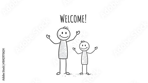 Two stick figures, one adult and one child, with outstretched arms and smiling faces, welcoming viewers.