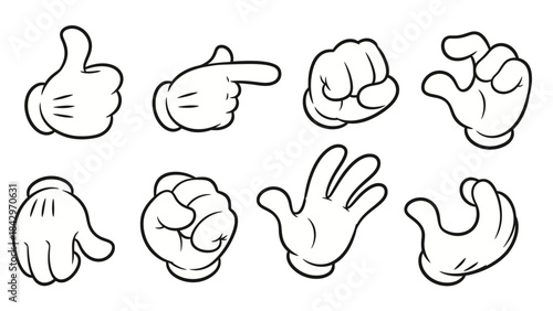 Eight cartoon gloved hands showing various gestures and poses, isolated on a white background.