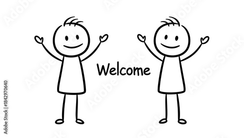Two smiling stick figures with raised arms welcoming, with the word "Welcome" written between them on a white background.