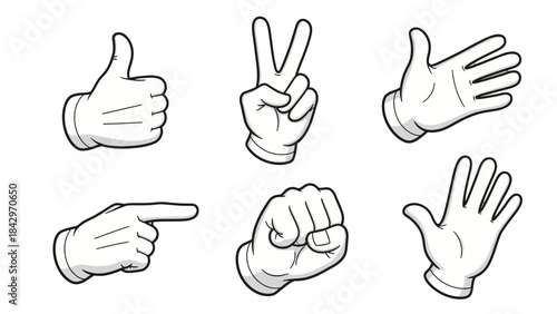 Six cartoon hands in white gloves showing various gestures like thumbs up, peace sign, pointing, fist, and open palms.