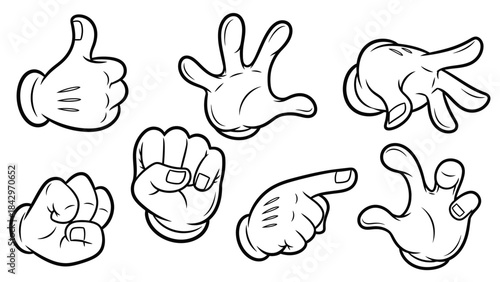 Collection of cartoon-style gloved hands demonstrating various gestures and poses.
