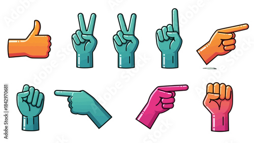 A collection of diverse hand gestures depicted in a vibrant, cartoonish illustration style.