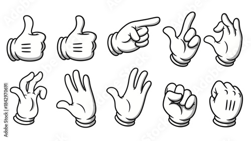 A collection of classic cartoon hands in various gestures and poses, including thumbs up, pointing, and a fist, on a white background.
