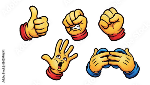 Cartoon hands showing various gestures and emotions like thumbs up, clenched fists, and surprised open palm.