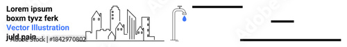 Urban planning, water conservation, environmental awareness, sustainability, resource management, infrastructure. Minimalist city skyline and faucet with dripping water. Water conservation and urban