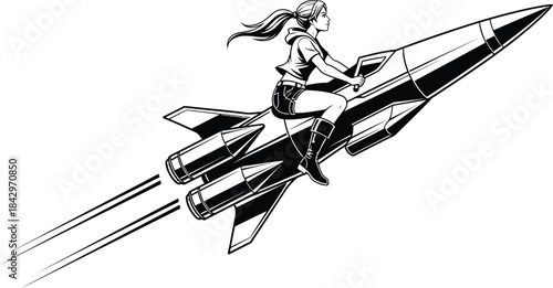 Woman Riding Rocket Fantasy Illustration