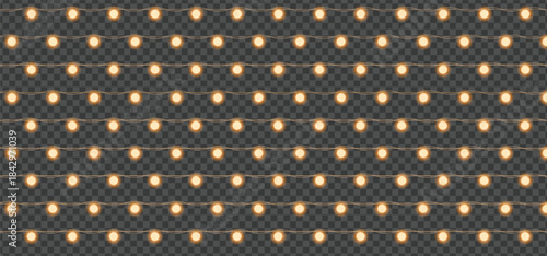 Seamless pattern of glowing warm yellow string lights on dark transparent background