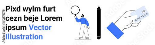 Person holding balloon, pen, credit card in hand. Ideal for creativity, finance, education, writing transactions design themes simple landing page. Line metaphor. Simple line icons