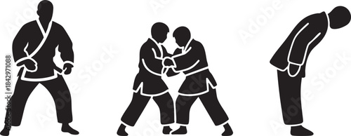 Judo Athletes Black Icons – Combat Sport Silhouette Vector