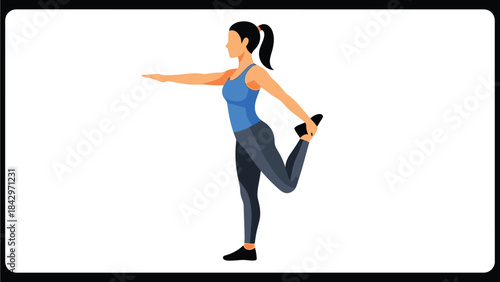 A woman is depicted performing a quadriceps stretch exercise in a minimalist style