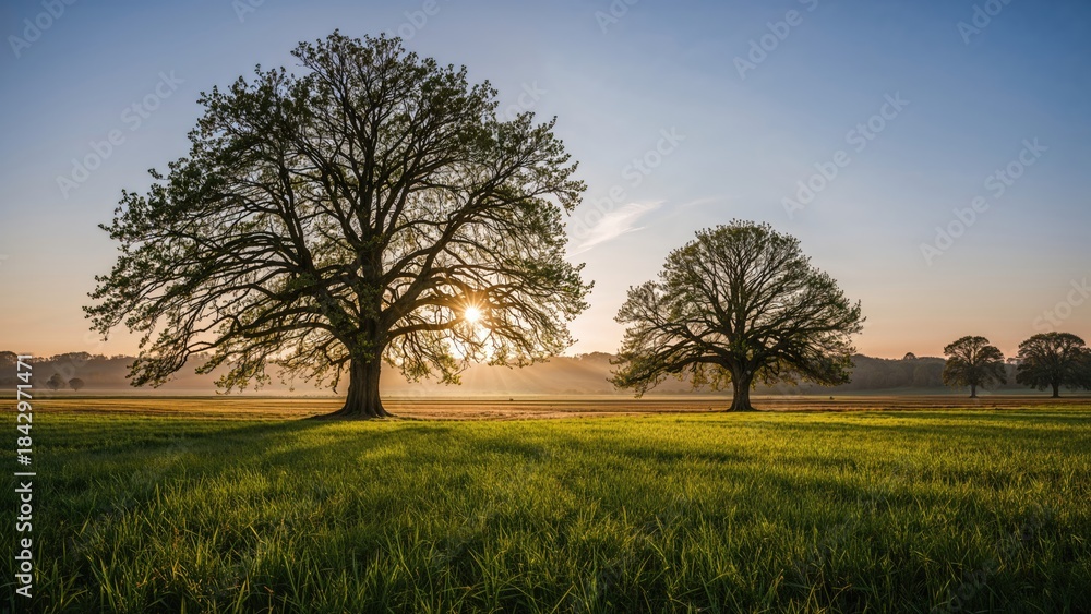 Fototapeta premium Two large trees in a grassy field at sunrise or sunset, with the sun shining through the branches.