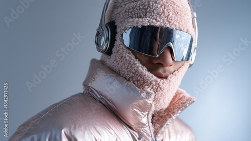 Futuristic Winter Portrait of Man in Pastel Pink Sherpa Balaclava, Oversize Puffer Jacket, Glasses, Headphones