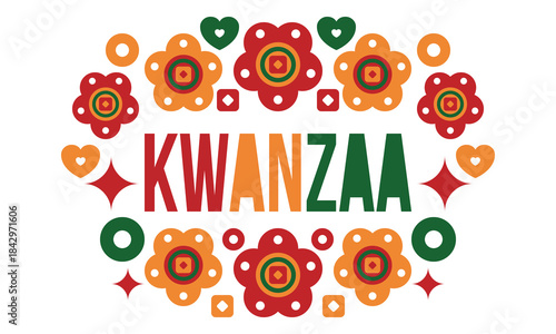 Kwanzaa Happy Celebration. African and African-American culture holiday. Seven days festival, celebrate annual from December 26 to January 1. Black history. Poster, card, banner and background. Vector