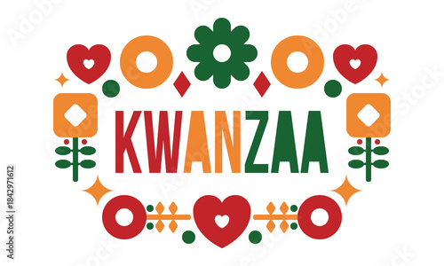 Kwanzaa Happy Celebration. African and African-American culture holiday. Seven days festival, celebrate annual from December 26 to January 1. Black history. Poster, card, banner and background. Vector