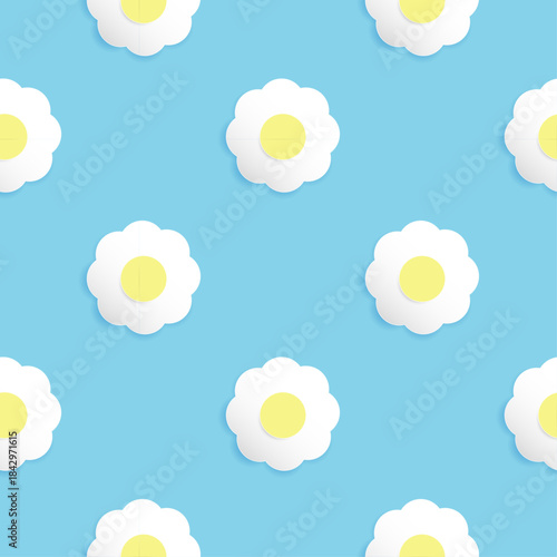 Cute Daisy Flower Seamless Pattern on Pastel Blue Background. Paper Cut Style Repeating Floral Backdrop with 3D Shadow Effect. Spring Kawaii Design for Kids and Baby.