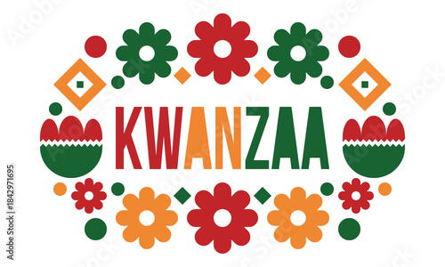 Kwanzaa Happy Celebration. African and African-American culture holiday. Seven days festival, celebrate annual from December 26 to January 1. Black history. Poster, card, banner and background. Vector