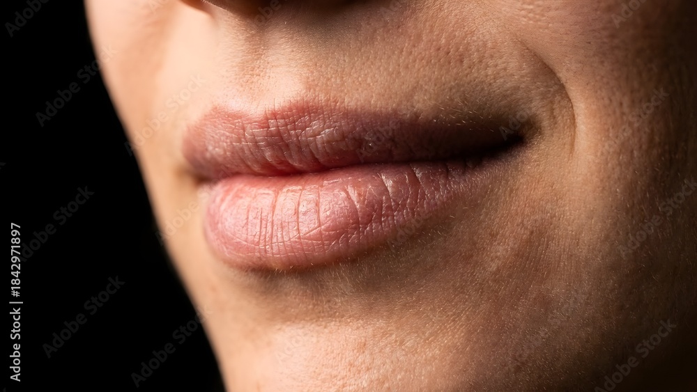 Obraz premium Extreme close-up macro of a woman smiling, showing natural teeth and soft skin texture. Realistic lighting, shallow depth of field, professional macro photography, clean and minimal composition. (9)