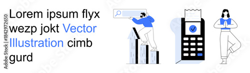 Business progress, digital security, mindfulness, financial growth, online privacy, and personal balance. Person climbing a chart, a secure payment terminal and a woman in a yoga pose. Business