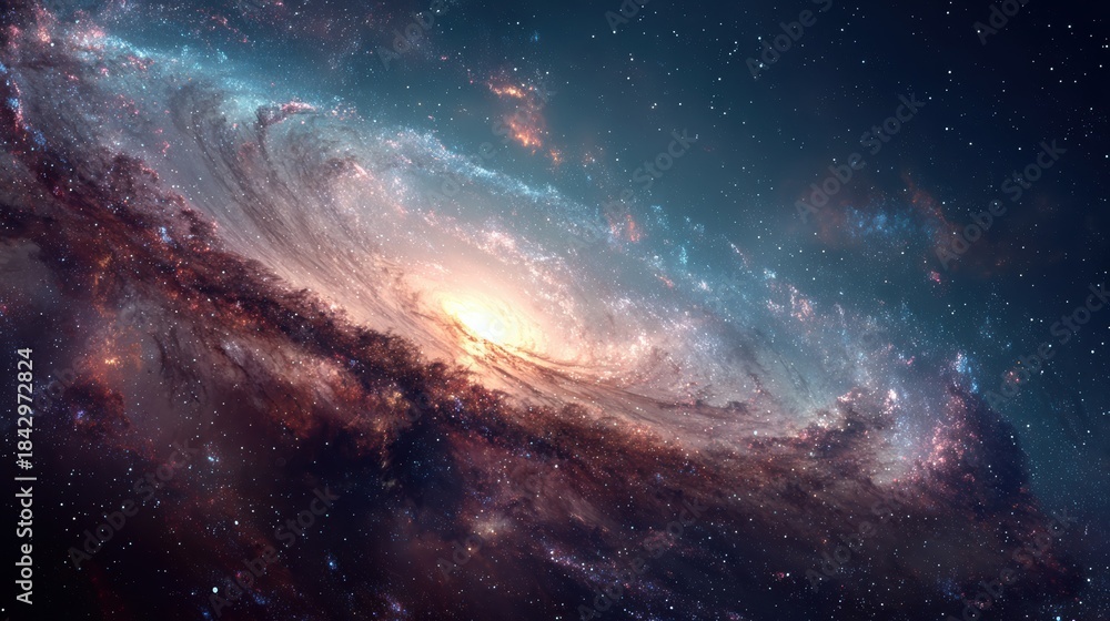 Fototapeta premium Galaxy backdrop with dynamic colors featuring swirling stars and bright light in a vast cosmic space at night