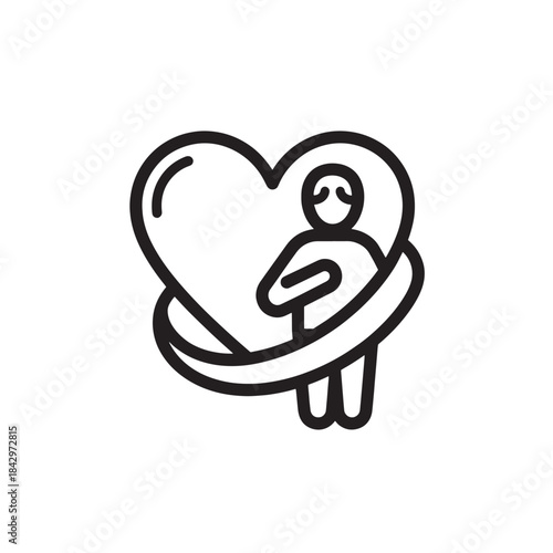 Sad Person Embracing Large Heart Outline on White Background