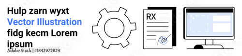 Gear icon, document with RX and magnifying glass, computer monitor displaying interface. Ideal for healthcare, workflow, automation, data analysis, technology, education simple landing page