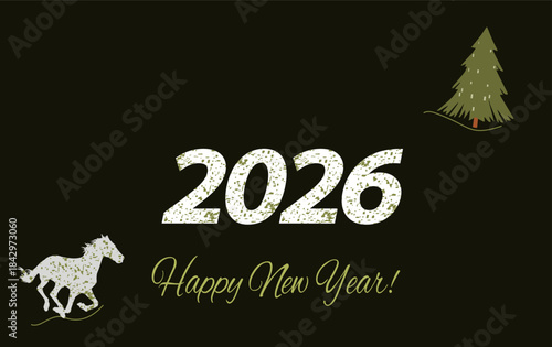 New year 2026 green. Black background, text 2026, Christmas tree and horse. Holiday design template for holiday greeting card, invitation, calendar poster, banner.Vector illustration