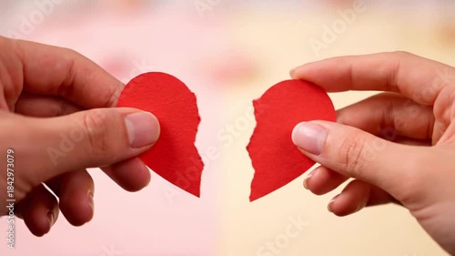 Hands holding torn red paper heart, symbolizing broken love and relationship end