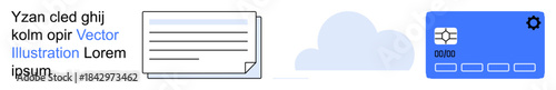 Cloud storage, data transfer, digital documents, file management, software settings, virtual cards. Image displays a document sheet, cloud icon and a virtual card interface. Cloud storage and data