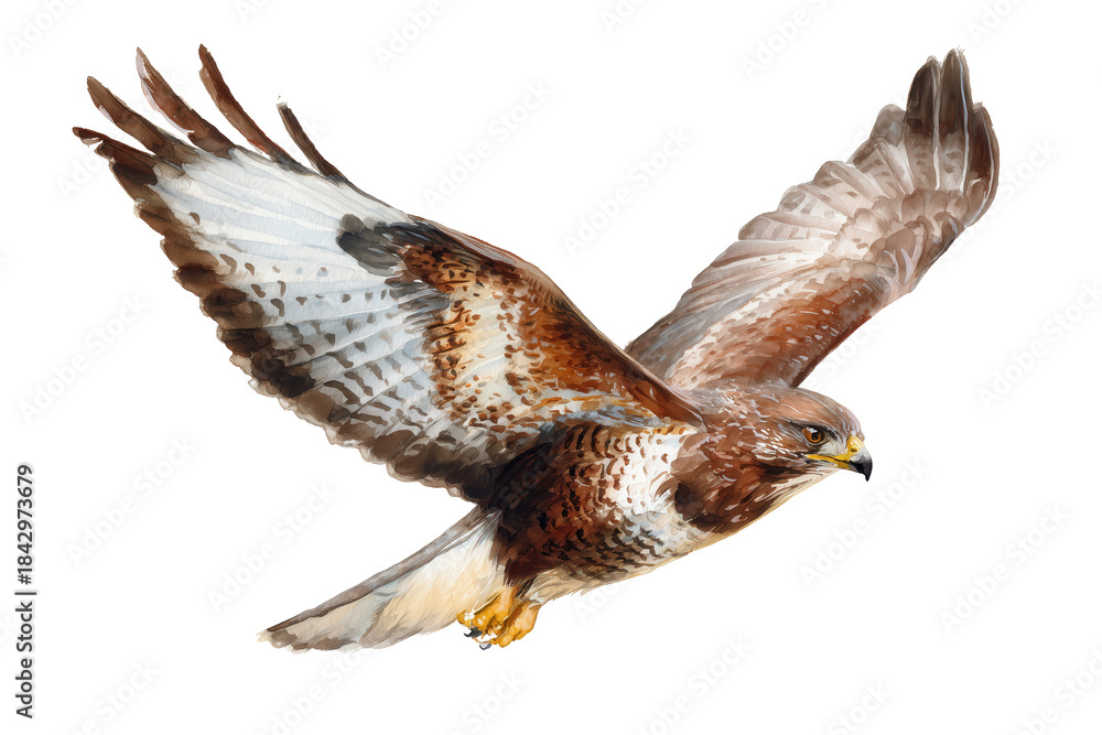 Fototapeta premium Flying Common Buzzard hand drawn watercolor raptor