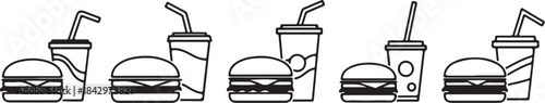 Burgers and soda cups in a row black and white hamburger drink also transparent background