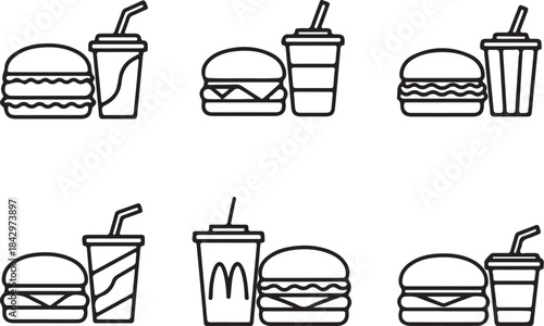 Fast food burgers and drinks set hamburger soda also transparent background